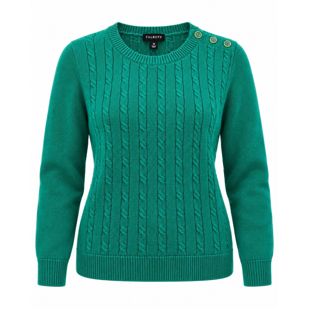 Talbots Emerald Green Cable Knit Sweater Women M Button Shoulder Cotton Pullover